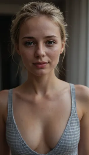 standing on street, sunny day, in soft summer dress, ultimate realism, poor lighting, realistic detailed skin texture, focus on realistic face, short height, round face, stunning eyes, pale skin, bad lighting, blonde hair, jpeg artifacts, phone camera shot, dim light, contrast, tack sharp, (masterpiece:1), perky small tits, natural tits, flash, Detailed, natural, skin, and, blemishes, without-makeup, acne, ((submissive)), ((lovely)), (((in very sexual erotic pose))), wild short sport ponytail, full body, ((very much want have sex)), ((high detailed pores on skin)), well-build body, medium tits, small lips, lots of freckles face and skin, blush on the checks and nose, (raised nasal tip, upturned button nose, upturned nose, delicate nose, nose), hypnotized loving grey eyes, brown wild wet hair with sidelocks, very sexy smile, <lora:detailed_notrigger:.5>, <lora:skin_4-000015:.5>