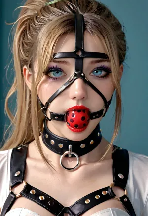 Portrait, 8k uhd, high quality, high resolution, all of focus, ultra-detailed, professional photography, photorealism, realistic, sharp line, beautiful sexy fit dark goth girl, beautiful face, long hair, ponytail, dark blonde hair seductive face, makeup, mascara, smeared mascara, exposed tits, dark lipstick, slave collar, harness, garter, straps, cupless, ((harness ball gag)), (((haness ballgag, face harness, harness gag, trainier gag, big harness))), <lora:Harness_Straps_sdxl:.9>, <lora:ballgag:1>