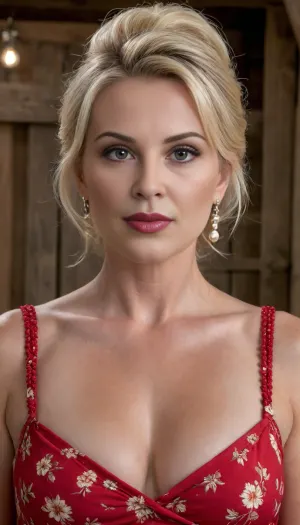 (4K UHD ultra-detailed RAW photo), high detailed, 8k, (photorealistic:1.7), (masterpiece, best quality, highres, photorealistic, ultra-detailed, cinematic lighting, sharp focus), 3/4 length view, high quality, best quality, realistic, photorealistic, curvy Mature 50 years old, ((arrogant attitude)), milf body, glamour, horny, earrings, pearl beads, voluminous hair, blonde updo haircut, natural realistic tits, in short red floral dress, in hayloft, (makeup:1.4), (4K, high resolution, best quality), <lora:EnvyZoomSliderXL01:.1>