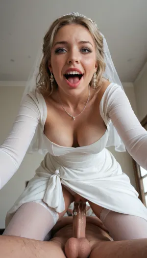 1woman, (milf:1.2), slender, 40yo, 1man, breasts, hetero, penis, sex, pubic_hair, vaginal, uncensored, grabbing, breast_grab, pussy, female_pubic_hair, freckles, woman, legs apart, dress lifted, (standing:1.2), white stockings, earrings, testicles, perfect hair, wild hair, (short hair:.9), standing_sex, jewelry, out of frame, male_pubic_hair, (panties), white panties, panties aside, blush, sweat, realistic cum, clear cum, grabbing_from_behind, opened_eyes, medium breasts, clothed, wearing white long dress, (fabric dress), tanned skin, photorealistic, intricately detailed face, intricately detailed pussy, realistic cock, intricately detailed cock, realistic face, focus on pussy, cum filled pussy, (face out of frame), (view from below:1.2), realistic pussy, (eye contact:1.2), looking at viewer, looking down, smirk, grin, wicked smile, (snub-nosed), (sharp face features:1.3), (cuckold:1.1), cuck, wife, femdom, perfect teeth, (wide jaw:1.2), thick lips, (fake puffy lips:1.2), sexy makeup, dark eye lashes, pink lipstick, cleavage, wedding dress, bridal dress, bodycon dress, (narrow sleeves:1.1), gray eyes, (from behind), white chocker, beautiful face, perfect face, high detailed face, slut, whore, bride, wedding, white veil, white hairband, mistress, cruel, cum dripping, cum flow down from pussy, pulsing dick, pulsing vagina, (hard testicles), (moaning:1.3), cumming, a lot of cum, massive cum load, (sharp nose), (long nose), sweaty, sweating, flush, (long dress:1.1), long dress lifted, (reaching to viewer:1.2), perfect hands, five fingers, french nails, light eyes, blonde hair, (loose hair:1.2), (kneeling:1.3), (standing on knees:1.3), (leaning forward:1.3)