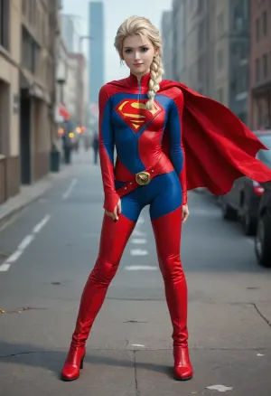 masterpiece, best quality, highly detailed, elsa in a superman leatheroutfit, red knee-high leather boots, body view
