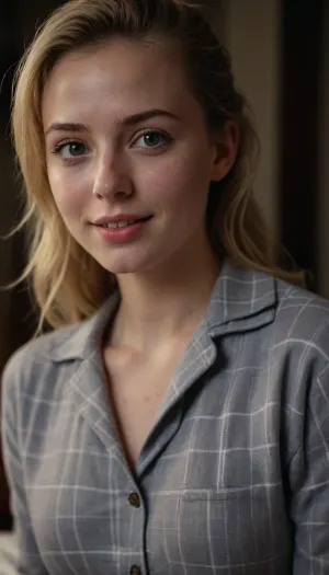 18 year old young adult girl, (small, not tall), (white skin), blonde, shy smile, (unexpected camera, surprised expression), best quality, photorealism, masterpiece, grey eyes, just wake up, grey pajama pants, ample pajama top revealing breasts, medium breasts, ((submissive)), ((lovely)), (((in very sexual erotic pose))), wild short sport ponytail, full body, ((very much want have sex)), ((high detailed pores on skin)), well-build body, medium tits, small lips, lots of freckles face and skin, blush on the checks and nose, (raised nasal tip, upturned button nose, upturned nose, delicate nose, nose), hypnotized loving grey eyes, brown wild wet hair with sidelocks, very sexy smile