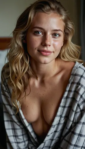 18 year old young adult girl, (small, not tall), (white skin), blonde, shy smile, (unexpected camera, surprised expression), best quality, photorealism, masterpiece, grey eyes, just wake up, grey pajama pants, ample pajama top revealing breasts, medium breasts, ((submissive)), ((lovely)), (((in very sexual erotic pose))), full body, ((very much want have sex)), ((high detailed pores on skin)), well-build body, medium tits, small lips, lots of freckles face and skin, blush on the checks and nose, (raised nasal tip, upturned button nose, upturned nose, delicate nose, nose), hypnotized loving grey eyes, brown wild wet hair with sidelocks, very sexy smile, m314mtn, holding_tracker, pov, trackerscreen, <lora:451919_training_data:.5>