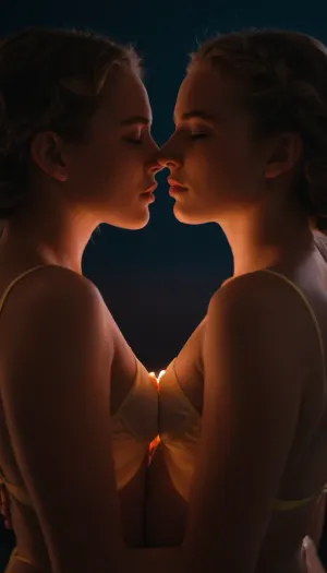 Identical-looking clones of the same young woman having lesbian sex together