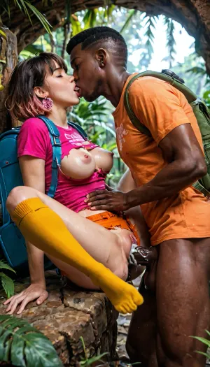 1 men, BBC, sex interracial, ((Latin-American 18 years old Dora Márquez from Dora the Explorer)), (she has dark peach skin, medium breast, brown smooth hair with the bob-cut and her eyes are brown, curvy body with big ass and big thighs, ((wearing a torn pink t-shirt visible breasts)), Backpack is purple flap backpack, that repeatedly shows her belly, orange shorts, frilly yellow socks, and white Velcro shoes with a pink trim, little gold earrings on her ears), ((orgasming:1.5)), hardcore sex, vaginal sex, deep penetration, huge black thick veiny cock, missionary sex, ((side view)), creampie pussy, alone, wet body, wet hair, perfect fingers and hands, upper body view, inside ancient jungle temple, creampie, pussy, detailed bottom., <lora:580159_training_data:1>, french, kiss, <lora:french_kiss_xl_v1:.5>