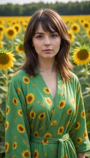 Girl, 30 years old, brunette, bangs, medium length hair, in a bright green robe, a field of sunflowers, exbicentrism, sun, looking at the viewer