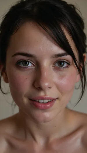 a very close view on face of a beatiful emo girl, she smiles kindly, very natural, long wild black hair, ((submissive)), ((lovely)), (((in very sexual erotic pose))), wild short sport ponytail, full body, ((very much want have sex)), ((high detailed pores on skin)), well-build body, medium tits, small lips, lots of freckles face and skin, blush on the checks and nose, (raised nasal tip, upturned button nose, upturned nose, delicate nose, nose), hypnotized loving grey eyes, brown wild wet hair with sidelocks, very sexy smile