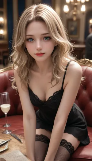 A 28-year-old woman with pale skin, long wavy blonde hair, and bright blue eyes, wearing a black lace lingerie set with fishnet stockings. She is sitting on a velvet couch in a dimly lit vintage boudoir, leaning forward with a seductive smile. The scene features soft golden lighting, intricate gothic patterns on the walls, and a champagne glass on the table.