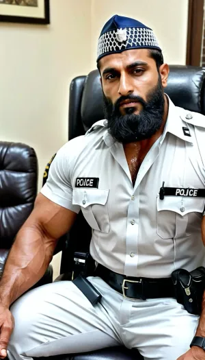 ('Afzal Khan' wearing Pakistani Police uniform, Very ruggedly handsome Big Muscular Indian Muslim bodybuilder sitting in a recliner and smoking hookah in the Office), foot fetish, (Handsome and Hot Muslim hunk with very long beard), dark and rough Muslim men, (40 year old, Muslim, tall muscled Arab Indian dark male, rough, dominant, daddy, (hairy armpits and Chest), bodybuilder, perfect fingers, oily Sweaty body, dilf, Big seductive eyes, Wet body, rain drops, ultra sharp high definition details, pubic hair, professional photography, insanely detailed, RAW photo, HDR, hyper-realistic, cinematic lighting, photo realism, ((Married Muslim Police Men wearing sweaty office shirt, full length trousers, white Muslim Mesh prayer Cap)), lustful eyes, menacing attitude), (drinking wine from bottle:1.2)