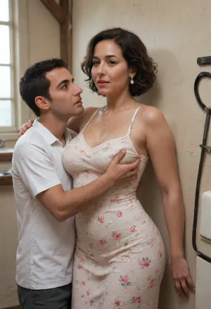 South indian, 45 year old milf, ((An insanely hot very busty innocent-looking milf standing against the wall in a cottage kitchen)), groped by young indian man, (groping crotch), ((large boobs)), black slightly curly short hair, pearl earrings, very tight floral casual summer dress, one breast falling out, cleavage, ((man is violently covering her mouth+groping her exposed breast+pinning her against the wall)), ((panicking)), (looking at man with fear+annoyance), perfect hands, perfect fingers, perfect anatomy, realistic skin, skin pores freckles moles blemishes wrinkles