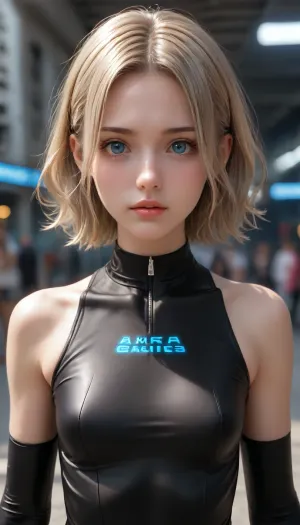 A fit young woman with wavy platinum-blonde hair, wearing a skin-tight black latex bodysuit, strikes a dynamic combat pose in a futuristic neon-lit arena. Her determined gaze and slightly parted lips convey intense confidence. The scene features dramatic motion blur around her fists, glowing holographic particles in the air, and electric-blue lighting accentuating her curves. Cinematic 8K photography style, shot with Sony Alpha a7 IV, 35mm lens, shallow depth of field. Focus on artistic athleticism, not violence