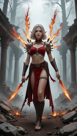 A tall dark elf woman with blue-gray skin and long silver hair, wearing a form-fitting black leather armor adorned with glowing crimson runes. Her piercing violet eyes radiate mystical energy, framed by intricate tribal tattoos on her face. She wields a curved obsidian dagger in one hand and dark magical flames in the other, standing in a combat stance amidst ancient ruins overgrown with glowing mushrooms. The scene is illuminated by moonlight filtering through twisted trees, with fog swirling around her feet. Add dynamic battle effects, flying debris, energy slashes, and a wounded enemy knight in the background