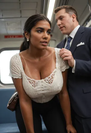 (Indian woman), is on her way home from a late night at the office, (1 man and 1 woman only), Short woman, tall man, he’s a stranger, she’s a 50 year old sexy milf
empty train car with no other passengers, ((Tanned brown skin:1.6)), She’s a little thick and slightly chubby, huge boobs, very hairy, she has dark areolas, her hair is long and black, she’s a little sweaty, realistic skin detail, wrinkles, stretch marks, she wears a white blouse and black pants, her tits are covered by her blouse the entire time, (Her bra is on), but pulled down below her tits, everyone is fully clothed, Facial expression, The stranger man looks menacing and is forceful, she looks very surprised and scared, she looks ashamed, we see her getting her, (blouse tits squeezed), by a man on the train, he stands, (behind), her, she’s bent over leaning forward, he gropes with both hands, one on each tit, she stands in front of him with her back towards him, her nipples get hard, the man’s erection pokes into her pants covered ass, The man thrusts his pelvis forward to push his erection into her, he holds and pulls her arms back, she blows another man’s dick, she’s holding a designer shoulder bag, a purse, We can see down her blouse, (Closeup on her tits being groped), 2/3_front, eye_level, wide_angle, upper_body, chest_up, comp_center, Dim and dark train, only a few lights work, nighttime, dynamic and dramatic lighting, amateur photo style, flash photography, ambient lighting, photorealistic, high definition, Film, light, and, shadow, dark, skin, <lora:VnC_beta:.7>, <lora:Fresh Ideas@Film light and shadow_SDXL:.6>, <lora:Darker_skin_SDXL:1.4>