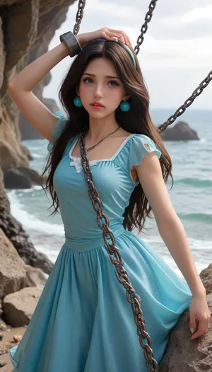 Princess Jasmine from the Disney cartoon, crying, in tattered clothes, chained to a rock by the sea with huge iron chains