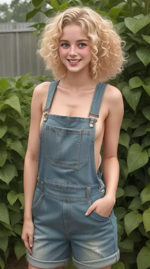 heavy rain, cute 21 years old farmer blonde woman from 1960s in overalls on her naked body, one strap slipped down, topless, full body, smile, curly hair, green eyes, wet skin, heavy tan, slutty face