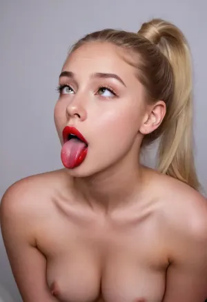 Beautiful young blonde 18 years old, Ponytail Hairstyle, Girl has red lipstick on her lips, Girl is on her knees, girl is looking up, girl is looking at the camera, tongue, out, ahegao, drool, <lora:ahegao_sdxl_v4:1>