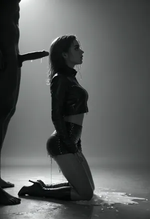 score_9, score_8_up, score_7_up, (black man looking down), muscular black man, black penis, standing up straight, excessive cum, dripping on to girl, cum, (((profile view))), cum shooting, cum dripping, (girl kneeling), (girl looking up at male), zavy-slhtt, (((black silhouette))), monochrome, leather short jacket, leather skirt, high heels boots, large breasts, tiny ass on female