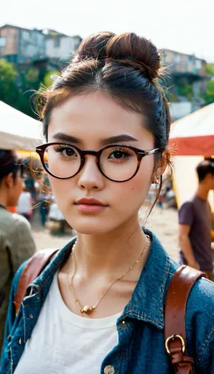A Japanese hipster girl at a flea market, dressed in vintage jeans with scuffs and lots of patches, as if they were created from pieces from different eras. She is wearing a loose T-shirt with a bright print that resembles abstract patterns. On the head is a careless bun, from which several strands of hair are knocked out. She wears round glasses with thin metal frames, giving her an intelligent and slightly mysterious look. On her feet are comfortable sneakers, worn and with hipster-like decorative elements. She's carrying a worn leather backpack stuffed with books and vintage knickknacks., Her makeup is minimalistic and emphasizes the natural beauty of the skin. Large, expressive eyes are accentuated by light shadows, which smoothly turn into more saturated shades at the outer corner of the face. The lashes are lightly tinted with mascara, giving the look depth and mystery. The eyebrows are carefully plucked and highlighted with a light pencil to give the face expressiveness., Lips are made up with a transparent gloss that adds volume and shine, without distracting attention from the rest of the image. The blush on her cheeks looks natural, as if she has just stepped out into the fresh air. A light shimmer on the cheekbones completes the look, giving the face a soft glow, (3/4 body view:1.6)