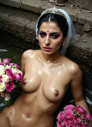 full body Iranian naked bride girl in nasty a Pink makeup, Fucked and tired, wet and dirty, nasty, dirty, lying in the sewer with the bride's bouquet, without hijab, with full Iranian style makeup.