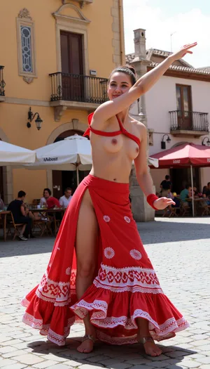 A busty Spanish dancer dances flamenco in the town square