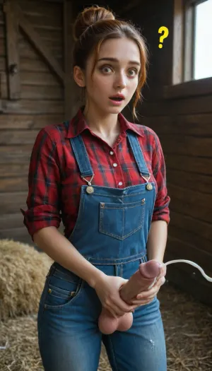 beautiful sexy slender 25 year old woman posing, (masturbating:1.4), denim overalls, flannel shirt, no makeup, Brown eyes, hair bun, ginger hair, cowboy shot, farm, perfect hands, perfect fingers, (erect penis), (futanari:1), (surprised face:1.5), (covered in cum:1.6), <lora:MJ52_v2.0:1>