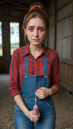 beautiful sexy slender 25 year old woman posing, (masturbating:1.4), denim overalls, flannel shirt, no makeup, hazel eyes, hair bun, ginger hair, cowboy shot, farm, (perfect hands), perfect fingers, (erect penis), (futanari:1), (nervous face:1.8), (covered in cum:1.6), <lora:MJ52_v2.0:1>