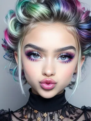 Hyperrealism, natural petite cutie, 18 years old beautiful, stunning unique female character. She has large eyes filled with joy and excitement, extravagant eyelashes, colorful short hair, ruffled hair, making this image a masterpiece of photography and digital art. Style, realistic hyper-detailed rendering, 32k UHD, expressive eyes, punk, graphic design, girl's face, pretty and cute, gleaming lips, white skin, pouting, <lora:weight_slider_v2:-1>, <lora:more_details:.5>, <lora:age_slider_v20:-2>, <lora:Pouting:.7>, <lora:r0m4nt1cg0th:.5>