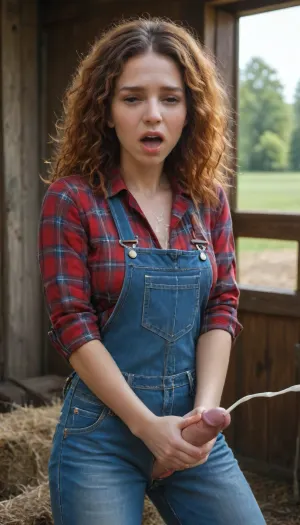 beautiful sexy slender 25 year old woman posing, (masturbating:1.4), denim overalls, flannel shirt, no makeup, hazel eyes, frizzy haircut, ginger hair, cowboy shot, farm, (perfect hands), perfect fingers, (erect penis), (futanari:1), (orgasm face:1.7), (covered in cum:1.6), <lora:MJ52_v2.0:1>