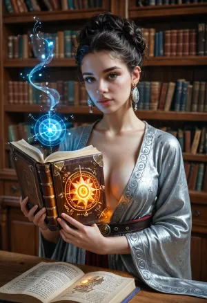 L'étude de l'enchanteur : la poursuite solitaire d'un jeune mage dans une ancienne bibliothèque

- Oui.

Au cœur d'une ancienne bibliothèque de l'académie de magie, une jeune espagnole de 18 ans, à la peau de porcelaine et aux yeux innocents, s'assit dans un livre à sort ouvert. Sa robe en soie sarclée et argentée, ornée de symboles de puissance, attachait son cadre mince. Ses seins ronds de taille A, accentués par le tissu délicat, se déplaçaient doucement en respirant. De longs cheveux noirs se sont encastrés dans le dos, encadrant ses fines lèvres naturelles et son nez céleste. Des yeux bruns intenses et enflammés se sont concentrés sur l'énergie magique qui brille autour de ses doigts. Derrière elle, de grandes étagères ornées empilées d'anciens livres en cuir ont atteint la distance, illuminés par des lueurs magiques. Une grande boule de lumière enchanteresse flottait à côté d'elle, une compagne constante dans ses études.