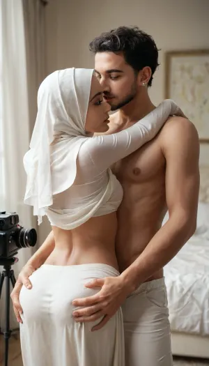 A black male hug a beautiful skinny Malay lady from behind and grab her ass. He grab the cloth up to show her ass. She look at camera. She wear white hijab. He look away from camera.