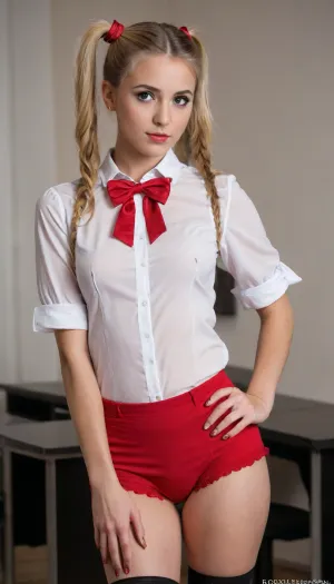 25yo, blouse, looks like zafira pornstar, hungarian, detailed skin, professional photo, schoolgirl, blonde, red panties, looking at me, shy, twintails, (bavarian model), attractive face, stocking, hands behind back