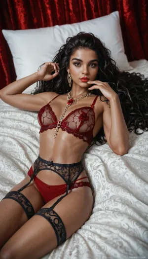 18 years old Persian girl with dark arabian skin tone very elegant, lying in a dark red bedroom, lying on the bed, sexy lingerie, revealing lingerie, garter belt, iron chains, jewelry, gems, round C size tits, alone, front view, facing forward, thin red painted lips, athletic slim body, slight curves, dark brown eyes, Roman nose, very long black hair, flat stomach, perfect fingers and hands, detailed background., <lora:580159_training_data:1>