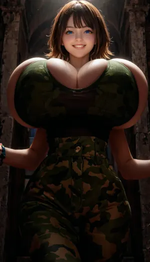 masterpiece, best quality, anime, 8k, (gigantic_breasts:1.5), detailed, lots of details, solo girl, alone, solo, (smirk:1.2), young woman with, (blue eyes:1.2), and brown hair wearing detailed, ((black:1.2), camo tanktop:1.2), and olive baggy pants, has a slim waist, standing outdoors in front of a barrack, happy, close up shot, brown hair, absurdly short hair, slim waist, small waist, young girl, young woman, nicorima, fully clothed, thick thighs, wide hips, (front facing, facing front, facing forward), giga_busty, <lora:Nicorima Style:.5>, <lora:a564d191f172bbc79c858b9d6ec6c50f:1>