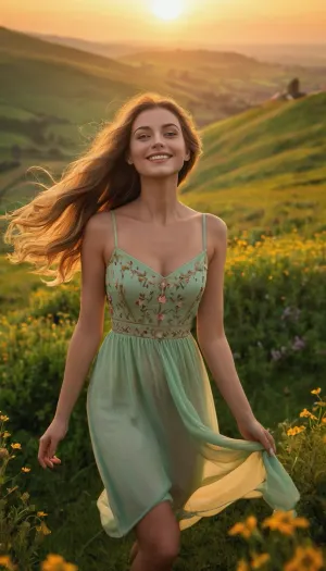 (masterpiece, best quality, ultra-detailed, highres, Disney animation style, soft pastel tones, magical lighting, warm morning glow, dreamy atmosphere, colorful sunrise), a stunning young woman with expressive, large eyes full of joy and wonder, standing on a lush green hill at sunrise, smiling radiantly as the first golden rays of sunlight illuminate her flawless, glowing skin. Her long, flowing hair sways gently in the soft morning breeze, shimmering with warm golden highlights. She wears a beautiful pastel-colored sundress, gently billowing with the wind, adorned with delicate floral embroidery. She radiates positivity, her bright smile full of warmth and excitement, as she stretches her arms toward the sun, embracing the beauty of the new day. The background is vibrant and enchanting—rolling green hills covered in blooming wildflowers, birds fluttering gracefully in the sky, the rising sun casting a golden glow over the entire landscape. The soft morning mist adds a dreamy touch, making the scene feel like a moment from a fairytale. Cinematic depth of field, HDR, vibrant color balance, dynamic lighting, ultra-sharp details, high resolution, realistic depth of field, 4K rendering.