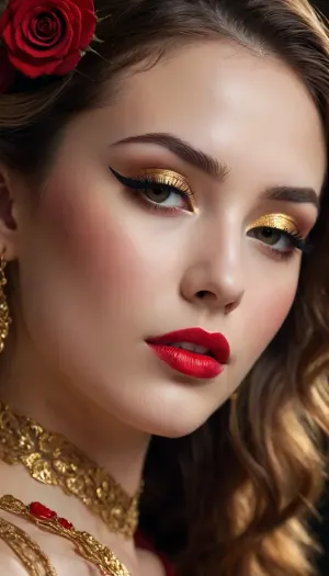 A mesmerizing close-up of an elegant woman with intricate golden designs adorning her face, creating a luxurious and ethereal look. Her eyes are closed, framed by long, delicate eyelashes, and her lips are painted a bold red with hints of gold shimmer. She gently holds a vibrant red rose, its petals tinged with a metallic gold sheen, as if in deep admiration of its beauty. Her hair flows gracefully in soft shades, complementing the dark, dramatic background, while the composition exudes a sense of romance, mystery, and opulence