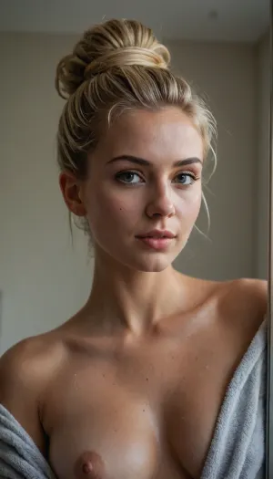 wide angle view of whole body, Young beautiful woman, taking a selfie for her boyfriend in a well-lit bathroom on the mirror, a grey towel wrapped around her body after leaving the shower, still dripping wet, high resolution, ultra-detailed, non-professional photo, bit unfocussed, bland colors, amateur quality, centered framing, natural lighting.
Age 18, hourglass body shape, very wide hips, slim waist, firm round large d-cup breasts, smooth wet skin, slender and athletic figure, no tattoos visible, confident standing pose, anatomically correct features, perfect proportions, no facial or finger errors, flawless form., (((wet blonde hair styled in a messy updo with loose strands framing the face))), large expressive brown eyes, long eyelashes, well-defined eyebrows, plump full lips, soft rounded cheekbones, smooth youthful skin, shy smile, seductive, no makeup, bright and inviting expression.
only towel wrapped around her body, breasts popping out on top, deep cleavage, shiny wet skin accentuating her curves, ring on her finger, holding a smartphone with silver case, manicured nails painted white.
Bathroom details include a modern interior, shower in the background, grey bathroom tiling, soft ambient lighting, mirror reflection showing part of the room