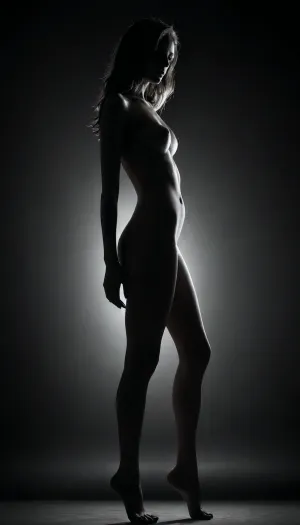 dark background, 20 year old woman, silhouette, sexy pose, nude, monochrome, realistic, 4k, high quality, art, tall, slender, long legs