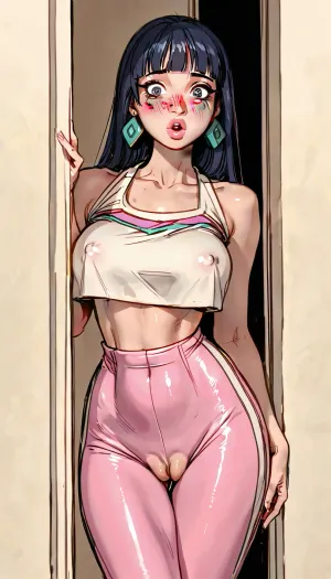 Chel from Road To El Dorado, hair fringe, bob haircut, perfect skin, extremely beautiful face, blush, freckles, full lips, thick lips, ultra high details, award winning photo, breasts, hips, super waist, perfect anatomic body, erect nipples, (excessive hyper pronounced puffy swollen labia:1.3), over sized vulva, thick eyelashes, long eyelashes, blushing, pink lips, glossy lips, attractive face, perfect nose, round cheeks, beautiful woman, hinata, sexy, model, curvfreckles face, pretty face, hyper realistic, perfect eyes, blue eyes, best detailed hair, skin tight sport shorts, standing in doorway, shocked, ratatatat74, <lora:cartoon_stickers_xl_v1:.6>, <lora:ratatatat74-000050:1.6>