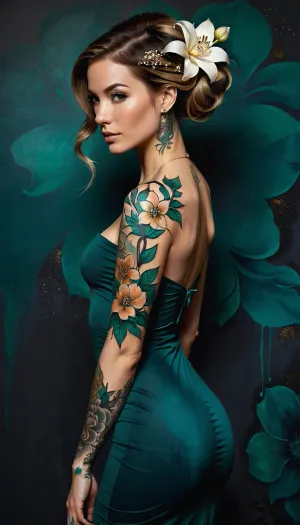 masterpiece full body portrait painting of a beautiful tattooed girl, tight dark teal dress, natural athletic breasts, slim build, pale skin, skinny, tall, with flower in her hair, airbrush, by Ni Zan, behance, modern European ink painting, matte texture, dull skin tone, wlop and ross tran, sexy side glance, intricate, elegant girl, acrylic and spray paint, artwork, <lora:warmbackgroundxl-v1-000100:.5>, novuschroma40, style, <lora:CBS_novuschroma40 style:.5>