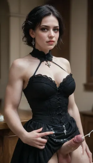 beautiful sexy Greek 25 year old woman posing, (muscular:-2), black Victorian dress, pale makeup, pixie haircut, (highlights), black hair, (pale skin:1.8), cowboy shot, Gothic house, (erect penis), (futanari:1), (horny face:1.6), (covered in cum:1.6)