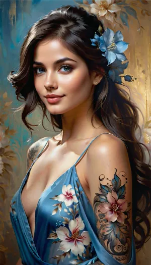 masterpiece full body portrait painting of a beautiful tattooed girl, persian look, innocent smile, flowery painting, gauzy indigo color satin dress, natural athletic look, slim build, pale skin, skinny, tall, with flower in her hair, long flowing dark brown hair, stunning light blue eyes, airbrush, by Ni Zan, behance, modern European ink painting, matte skin tone, wlop and ross tran, sexy side glance, intricate, elegant girl, acrylic and spray paint, artwork, novuschroma40, style, Andrew, Atroshenko, Style, page, <lora:warmbackgroundxl-v1-000100:.9>, <lora:CBS_novuschroma40 style:.5>, <lora:Andrew Atroshenko Style:.5>