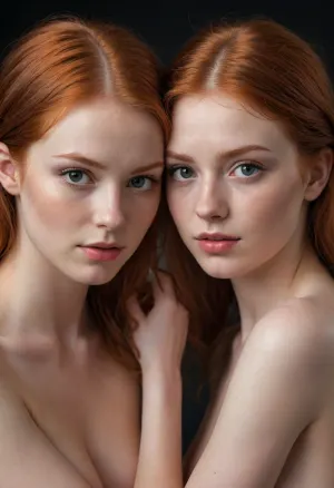 two 18 yo red head twins, one standing behind the other, reach around, fingering vagina, identical twins, high detail faces, Ultra-Realistic Photography, Flickr Trending, Pinterest Trending, Insanely Detailed & Intricate, Realistic, Authentic, Genuine, Natural, Cinematic Lighting, Dramatic, Theatrical, Atmospheric, Evocative, Mood Setting, Award Winning Photography, Acclaimed, Recognized, Famous, Honorable, Award Winning, Sharp Focus, Crisp, Clean, Precise, Clear, Distinctive, Masterpiece Photography, Iconic, Exceptional, Unusual, Stunning, Gorgeous, Studio Photography, Controlled, Polished, Professional, Exquisite, Perfect, Nikon, High Quality, Reliable, Durable, Precision Engineering, Cutting Edge, Unfiltered Photography, Natural Looking, Unedited, Raw, 8K Photography, High Resolution, Crystal Clear, Ultra Detailed, Breathtaking, Realistic Skin Texture, Photorealistic, Hyperrealistic, Hyperrealism, Very Realistic, Extremely Realistic, Highly Accurate, Stunningly Accurate, Highly Detailed, Intricate, The highest quality image that showcases photorealism with vibrant light and dynamic pose. The details are intricate and crystal clear, making it a masterpiece in ultra-high resolution. Indirect lighting enhances the realistic material texture and fine details. The background is detailed, and the subject is captured in a full-size photograph with the entire body visible. 85mm lens, 4k, Canon 5D, ZEISS lens, high quality, sharp focus, shot on Canon EOS R6, 135mm, 1/1250 sec, f/2.8, ISO 400, ALL SIZE PHOTO, full body visible