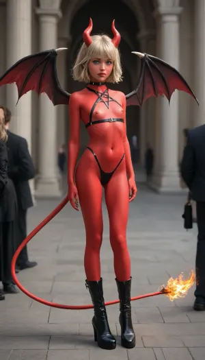 Demonic, Red skin, lustful look, Her mouth grins baring her fangs, blonde, blue eyes, natural red lips, flat chest, flat stomach, round butt, huge black bat wings folded behind the back, Full-length wings, black Skinny leather thong, crosses on the nipples, More black leather straps on the body, very high stiletto shoes growing from her feet, The shoes are her feet, small horns, long claws, tail with a heart at the end, Flames burst from his palms, In the background is a huge fiery pentagram