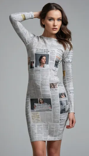 Photorealistic full-length photo of a beautiful Slavic woman wearing a long-sleeved lycra bodycon dress with newspaper print. She stands against a plain light gray background and faces directly towards the camera. She poses with one hand on her head and the other arm extended behind her back. The shot is done in a professional style, brunette
