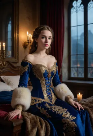 L'énigmatique courtisane de castello médiévale

- Oui.

Une belle courtisane féminine dans un château médiéval italien la nuit porte un masque élaboré mélangeant mystère et élégance. Sa robe de velours bleu royal luxueuse avec broderie en or et taille corseted captive tout le monde. Le clair de lune par la fenêtre adoucit sa peau pâle, tandis que les lanternes éclairées par des bougies illuminent la grande architecture du XVIe siècle. Elle est assise sur un lit en bois sombre avec une couverture en fourrure animale, exsudant confiance et intrigue.