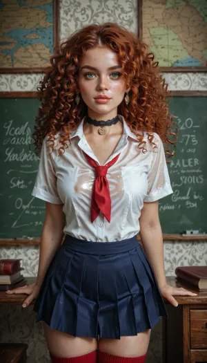 18 year old Irish redhead girl, (school uniform), (short blue board skirt), (tight white blouse), (red socks), in a school hall, oiled skin, heavily freckled, alone, shiny metal choker, jewelry, earrings, front view, facing forward, very red symmetrical lips, round green eyes, greek nose, very detailed long curly hair, round D size tits, natural skin tone, perfect fingers and hands, detailed background, <lora:580159_training_data:1>