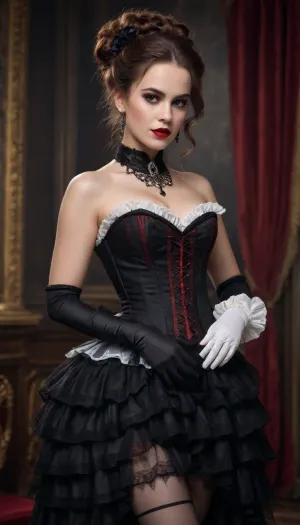 A vintage-style full-body portrait of a woman dressed in an elaborate Victorian-era inspired costume, exuding elegance and charm with a touch of theatrical flair. The outfit features a structured white corset with black beaded detailing along the neckline, creating a sophisticated and glamorous contrast. The corset accentuates her figure, while the black lace gloves add a delicate yet bold element to her look. She has ample cleavage. Dribble of blood from her mouth. She has bloody vampire fangs.

The skirt is a layered design with black and white striped fabric and black tulle overlays, featuring intricate polka-dot patterns and ruffled accents that add volume and movement. The combination of textures creates a rich, visually dynamic ensemble. A black choker with a small pendant adorns her neck, perfectly complementing the gothic aesthetic of the outfit.

Her hair is styled in voluminous, curly waves, framing her face with a timeless and dramatic effect. The hairstyle includes a black feather accessory that enhances the theatrical, period-piece look. Her makeup is classic, with a focus on bold red lips and subtly defined eyes, adding to the overall vintage charm.

The background is a muted, warm-toned brown with a painterly texture, resembling a traditional studio backdrop from the late 19th century. The lighting is soft and diffused, creating a warm glow that highlights her features and the intricate details of her outfit, while casting gentle shadows that add depth to the image.

The composition is centered, with the subject standing in a poised and confident manner, one hand resting on her hip and the other delicately holding a part of her skirt. The overall mood is timeless and elegant, evoking a sense of historical drama and classic beauty.