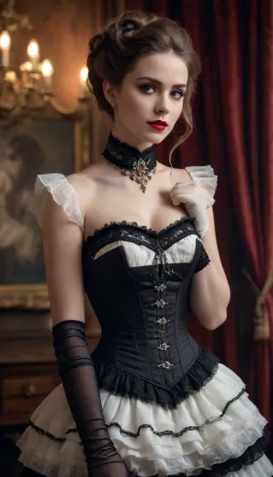 A vintage-style full-body portrait of a woman dressed in an elaborate Victorian-era inspired costume, exuding elegance and charm with a touch of theatrical flair. The outfit features a structured white corset with black beaded detailing along the neckline, creating a sophisticated and glamorous contrast. The corset accentuates her figure, while the black lace gloves add a delicate yet bold element to her look.

The skirt is a layered design with black and white striped fabric and black tulle overlays, featuring intricate polka-dot patterns and ruffled accents that add volume and movement. The combination of textures creates a rich, visually dynamic ensemble. A black choker with a small pendant adorns her neck, perfectly complementing the gothic aesthetic of the outfit.

Her hair is styled in voluminous, curly waves, framing her face with a timeless and dramatic effect. The hairstyle includes a black feather accessory that enhances the theatrical, period-piece look. Her makeup is classic, with a focus on bold red lips and subtly defined eyes, adding to the overall vintage charm.

The background is a muted, warm-toned brown with a painterly texture, resembling a traditional studio backdrop from the late 19th century. The lighting is soft and diffused, creating a warm glow that highlights her features and the intricate details of her outfit, while casting gentle shadows that add depth to the image.

The composition is centered, with the subject standing in a poised and confident manner, one hand resting on her hip and the other delicately holding a part of her skirt. The overall mood is timeless and elegant, evoking a sense of historical drama and classic beauty.