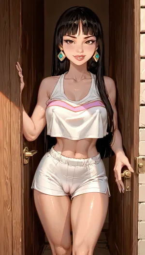 (Chel from Road To El Dorado), erect nipples, (excessive hyper pronounced puffy swollen labia), tight sport shorts, standing in doorway, smirk, ratatatat74, <lora:ratatatat74-000050:1.6>, <lora:cartoon_stickers_xl_v1:.6>