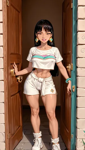 (Chel from Road To El Dorado), erect nipples, (excessive hyper pronounced puffy swollen labia), tight sport shorts, standing in doorway, smirk, ratatatat74, <lora:ratatatat74-000050:1.6>, <lora:cartoon_stickers_xl_v1:.6>